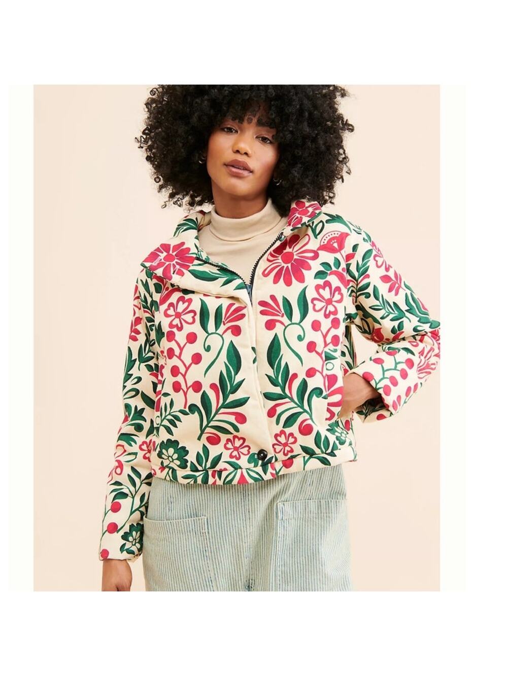 Anthropologie Floral Patterned Quilted Cropped Jacket Size XXS Ivory Pink Green